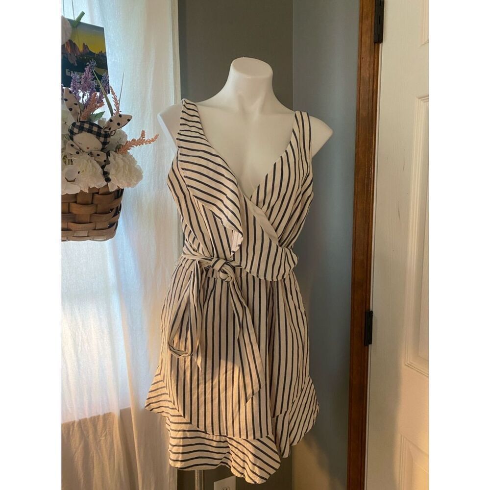 Guess Striped Wrap Mini Dress in Cream and Black